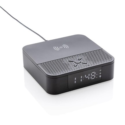 Draadloos 5W oplader speaker met digitale klok, zwart